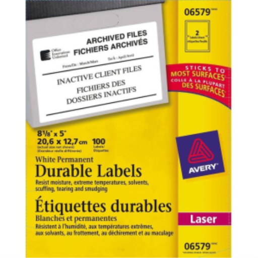 6579 Avery TrueBlock – Étiquettes d’identification durables, 8 1/8 × 5 po, adhésif permanent