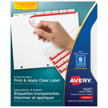 11437 Avery Index Maker – Intercalaires avec étiquettes transparentes, 8 onglets, 5 jeux, blancs