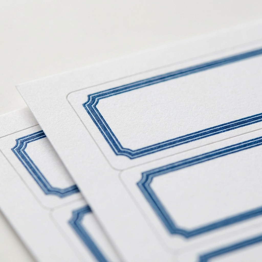 Macro inspect shows the texture of Avery paper and the precise blue printed border on the labels.