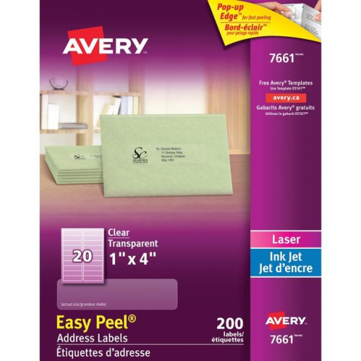 7661 Avery Easy Peel – Étiquettes transparentes, 4 × 1 po, adhésif permanent, 10 feuilles/enveloppe