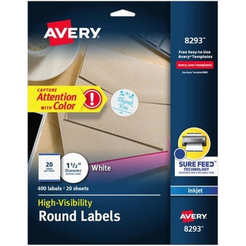 Avery – Étiquettes rondes haute visibilité blanches, diamètre 1 1/2 po, adhésif permanent (réf. 8293)
