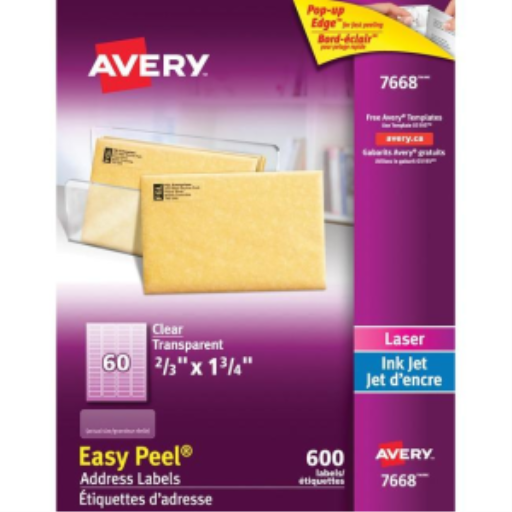 7668 Avery Easy Peel – Étiquettes transparentes, 1 3/4 × 2/3 po, adhésif permanent, 10 feuilles/enveloppe
