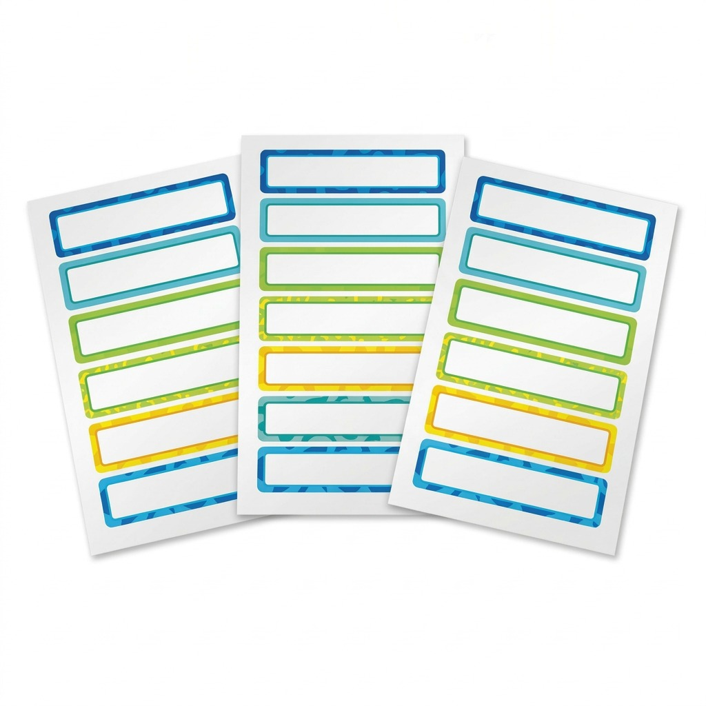 A clear hero shot showing three sheets of blank, multicolored Avery durable film labels.