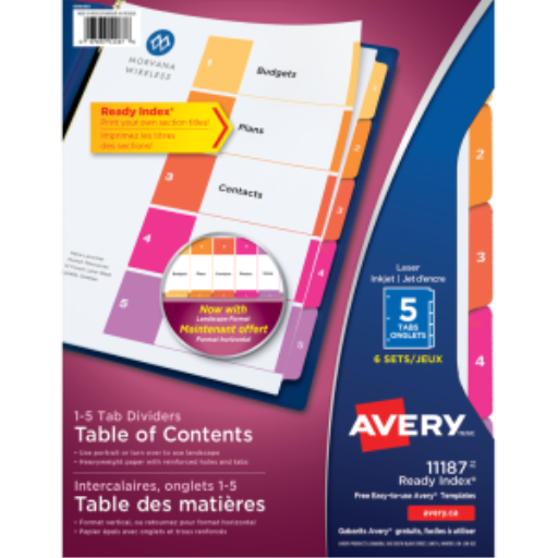 11187 Avery Ready Index – Intercalaires avec table des matières, 5 onglets, 6 jeux