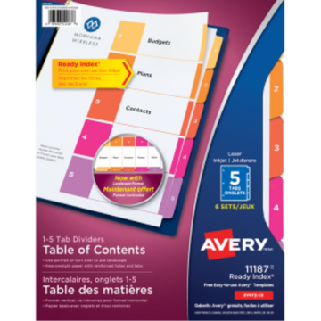 11187 Avery Ready Index – Intercalaires avec table des matières, 5 onglets, 6 jeux
