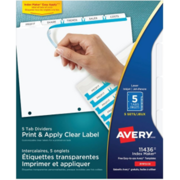 11436 Avery Index Maker – Intercalaires avec étiquettes transparentes, 5 onglets, 5 jeux, blancs