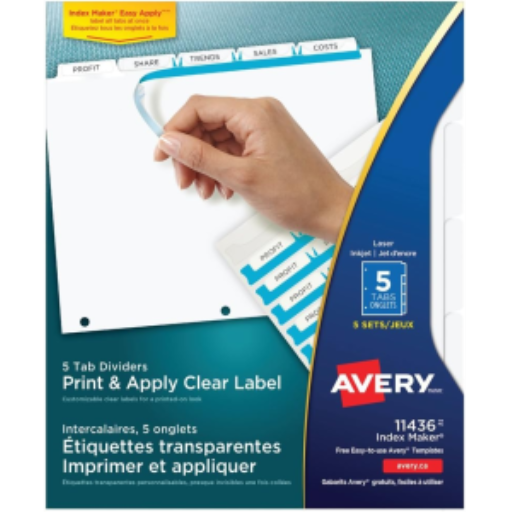 11436 Avery Index Maker – Intercalaires avec étiquettes transparentes, 5 onglets, 5 jeux, blancs