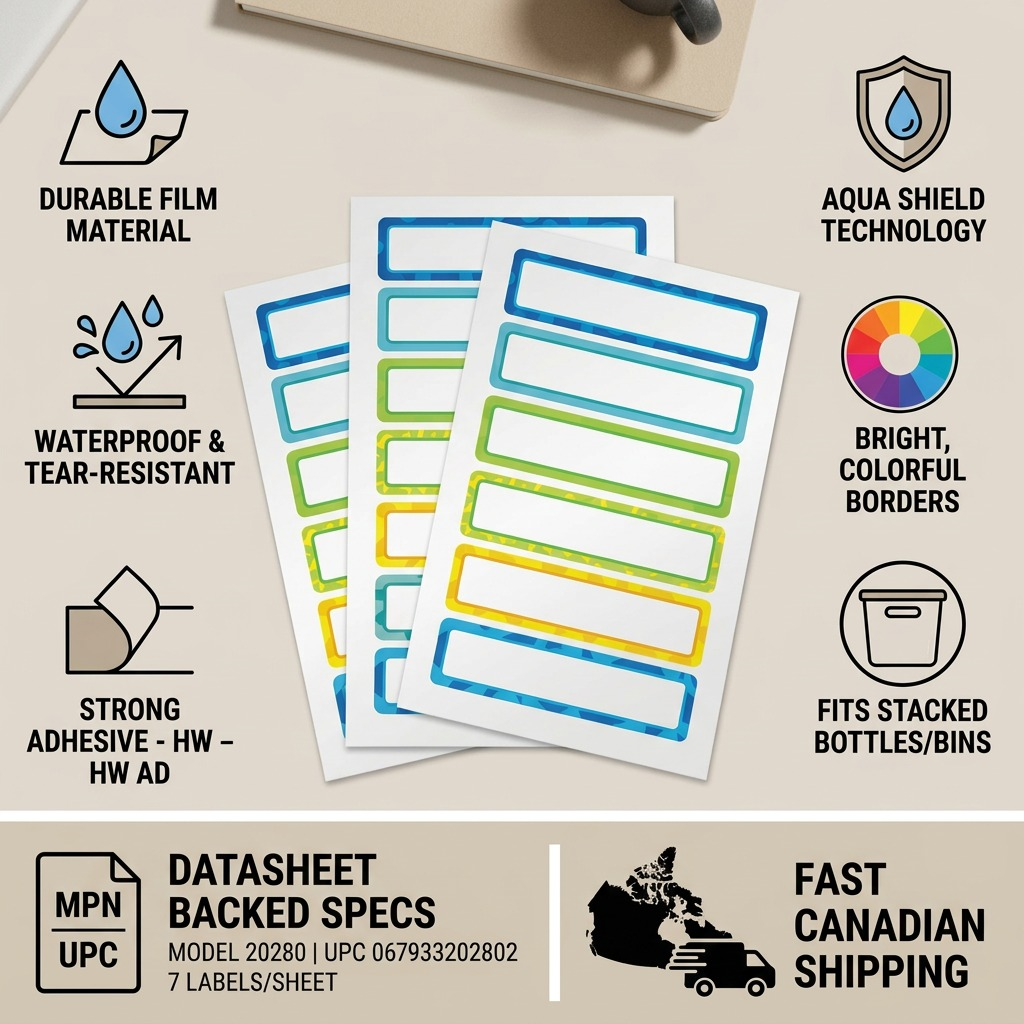Infographic for Avery 20280 labels highlighting durability, waterproof material, and trust symbols.