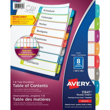 11841 Avery Ready Index – Intercalaires à onglets arqués, imprimables laser et jet d’encre, 1 à 8