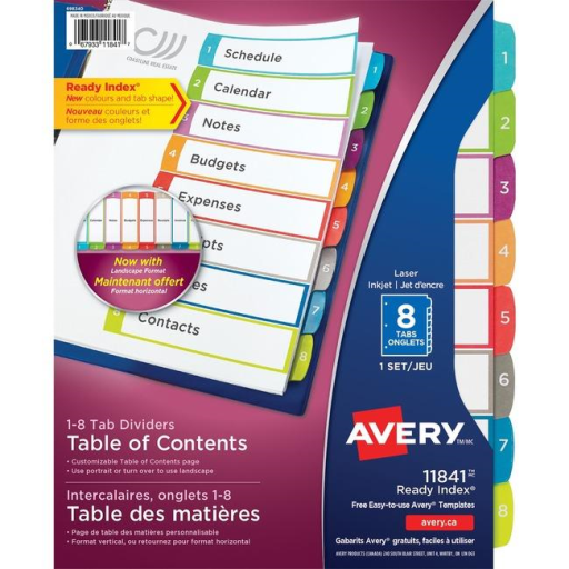 11841 Avery Ready Index – Intercalaires à onglets arqués, imprimables laser et jet d’encre, 1 à 8