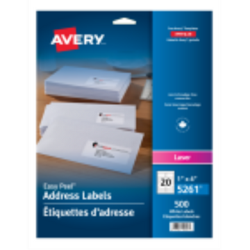 05261 Avery Easy Peel – Étiquettes blanches, 4 × 1 po, adhésif permanent, 25 feuilles/enveloppe