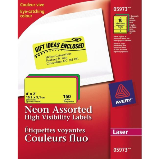 Avery – Étiquettes haute visibilité, 4 × 2 po, couleurs néon assorties, adhésif permanent (réf. 5973)