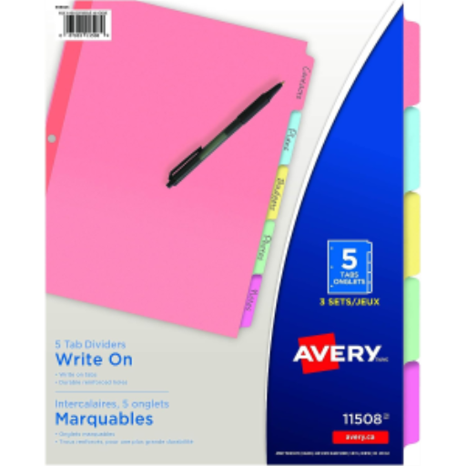 Avery – Intercalaires inscriptibles, 5 onglets, 3 jeux, multicolores (réf. 11508)