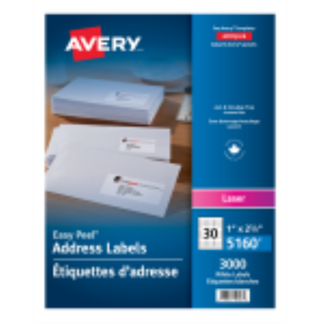 5160 Avery Easy Peel – Étiquettes d’adresse blanches 1 × 2 5/8 po, laser, 3000 étiquettes
