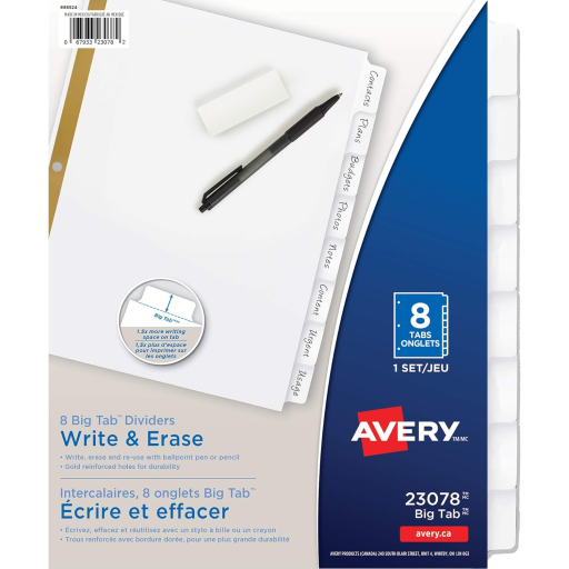 23078 Avery Big Tab – Intercalaires inscriptibles blancs, 8 onglets, 1 jeu