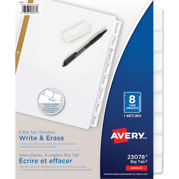 23078 Avery Big Tab – Intercalaires inscriptibles blancs, 8 onglets, 1 jeu