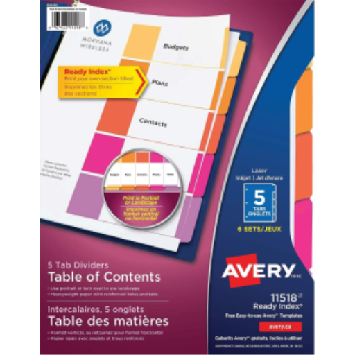 11518 Avery Ready Index – Intercalaires avec table des matières, 5 onglets, 6 jeux