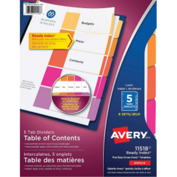 11518 Avery Ready Index – Intercalaires avec table des matières, 5 onglets, 6 jeux