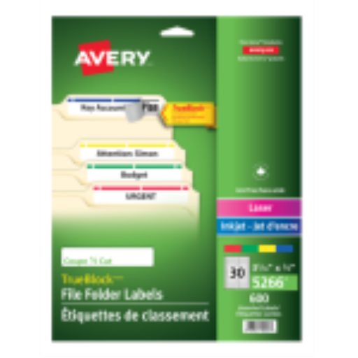 5266 Avery TrueBlock – Étiquettes de classement, 3 7/16 × 2/3 po, adhésif permanent