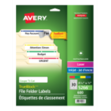 5266 Avery TrueBlock – Étiquettes de classement, 3 7/16 × 2/3 po, adhésif permanent