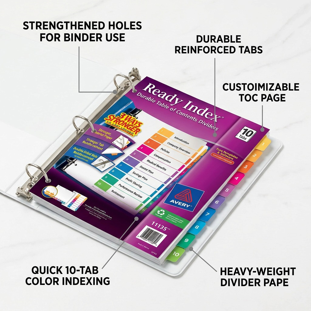 Avery 11135 Ready Index 10-tab dividers with multicolor numbered tabs and Table of Contents page.