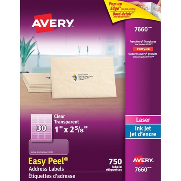 7660 Avery Easy Peel – Étiquettes transparentes, 2 5/8 × 1 po, adhésif permanent, 25 feuilles/enveloppe