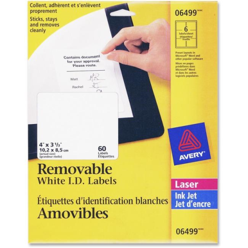 Avery – Étiquettes d’identification amovibles, 4 × 3 1/3 po, 10 feuilles/enveloppe, 60 étiquettes (réf. 06499)