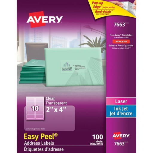 7663 Avery Easy Peel – Étiquettes transparentes, 4 × 2 po, adhésif permanent, 10 feuilles/enveloppe