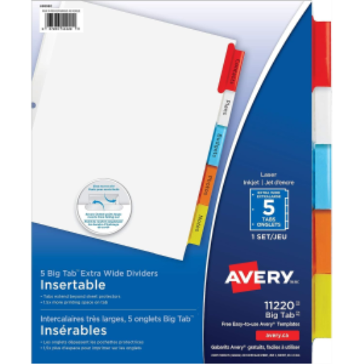 11220 Avery Big Tab – Intercalaires extra larges à onglets insérables, 5 onglets, 1 jeu