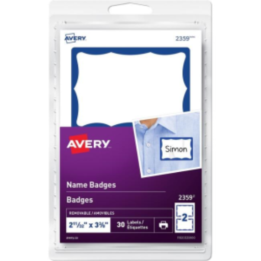 Avery – Étiquettes porte-noms blanches à imprimer ou à écrire, bordure bleue, 30/paquet (réf. 2359)