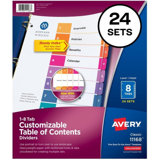 11168 Avery Ready Index – Intercalaires avec table des matières, 8 onglets, 25 jeux