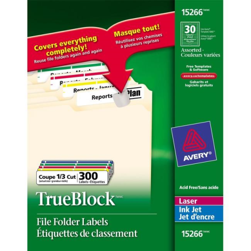 15266 Avery TrueBlock – Étiquettes de classement 3 7/16 × 2/3 po, adhésif permanent