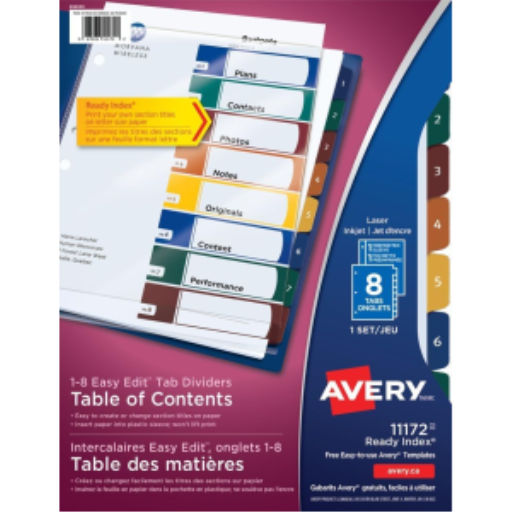 11172 Avery Ready Index Easy Edit – Intercalaires avec table des matières, 8 onglets