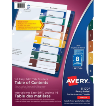 11172 Avery Ready Index Easy Edit – Intercalaires avec table des matières, 8 onglets