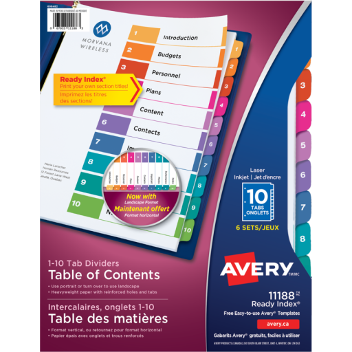 11188 READY INDEX TABLE OF CONTENTS DIVIDERS, 10-TAB, 6 SETS