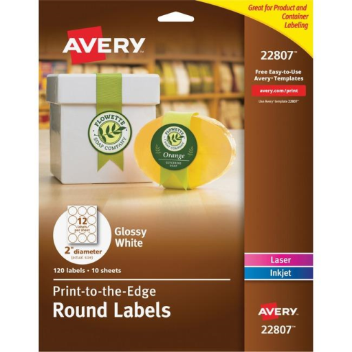 Avery – Étiquettes rondes blanc brillant, diamètre 2 po, 10 feuilles/enveloppe (réf. 22807)