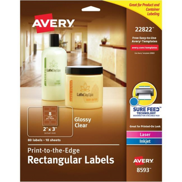 Avery – Étiquettes rectangulaires transparentes brillantes, 2 × 3 po, 10 feuilles/enveloppe (réf. 22822)