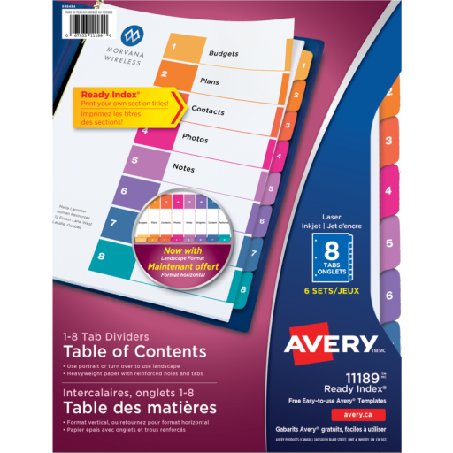 11189 Avery Ready Index – Intercalaires avec table des matières, 8 onglets, 6 jeux