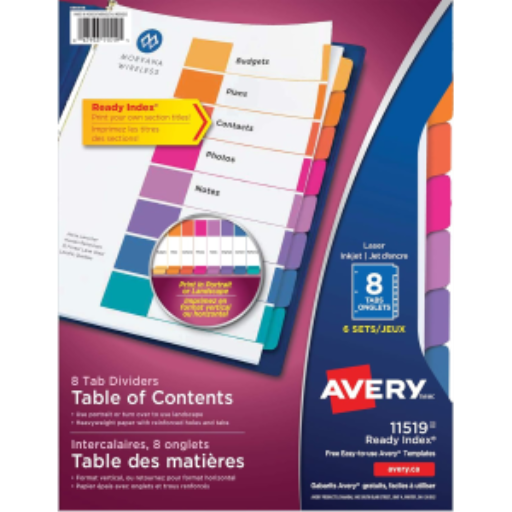 11519 Avery Ready Index – Intercalaires avec table des matières, 8 onglets, 6 jeux