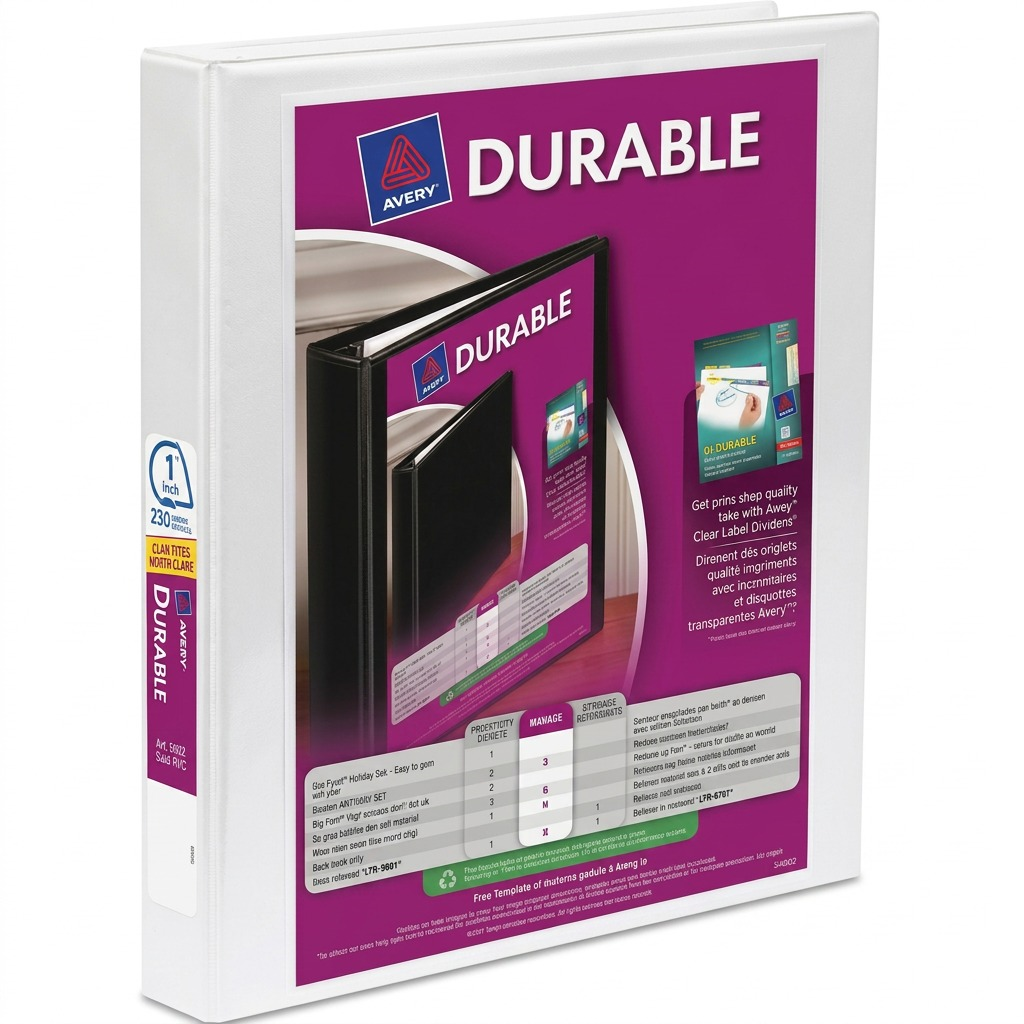 Avery 34002 white durable view binder with 1-inch slant rings and transparent cover insert.