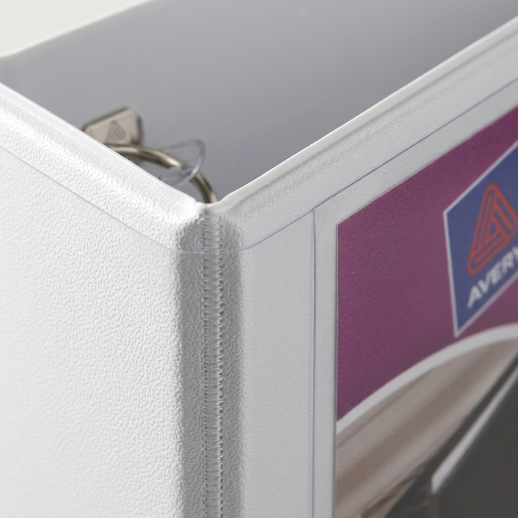 Macro view of Avery 34002 white binder showing reinforced DuraHinge edge and clear view overlay.