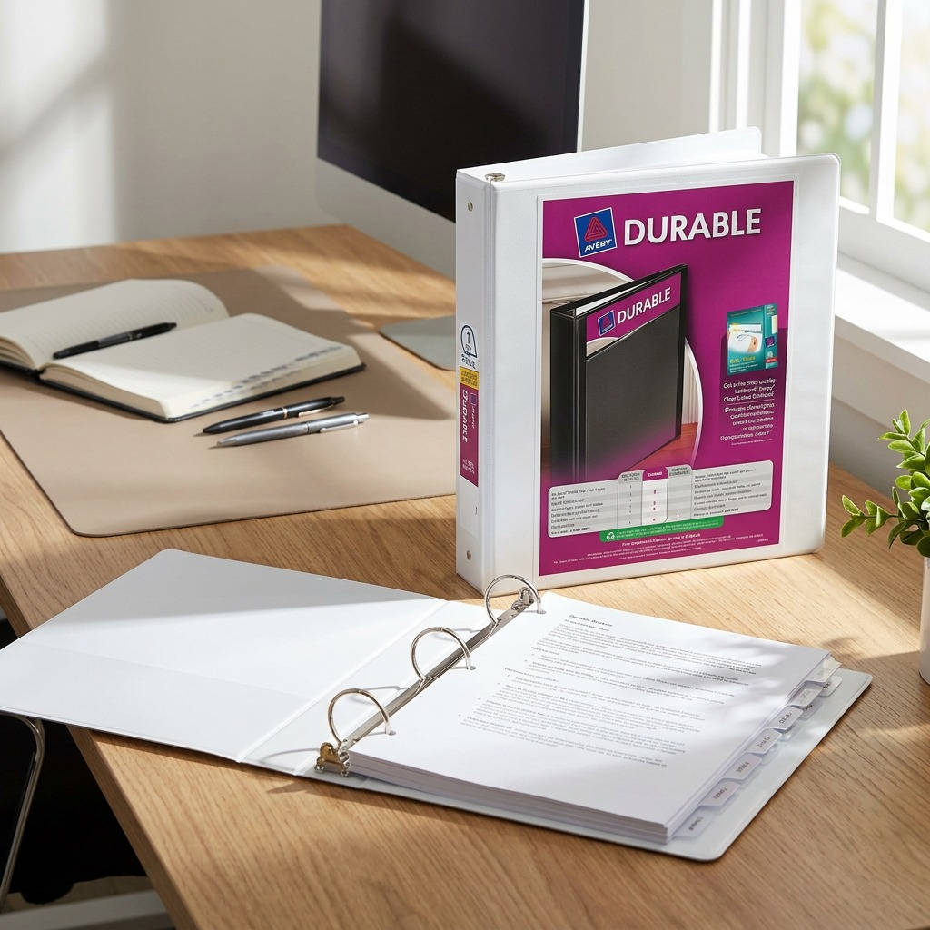 White Avery 34002 1-inch Durable View Binder shown open with tabs on a modern wooden desk.