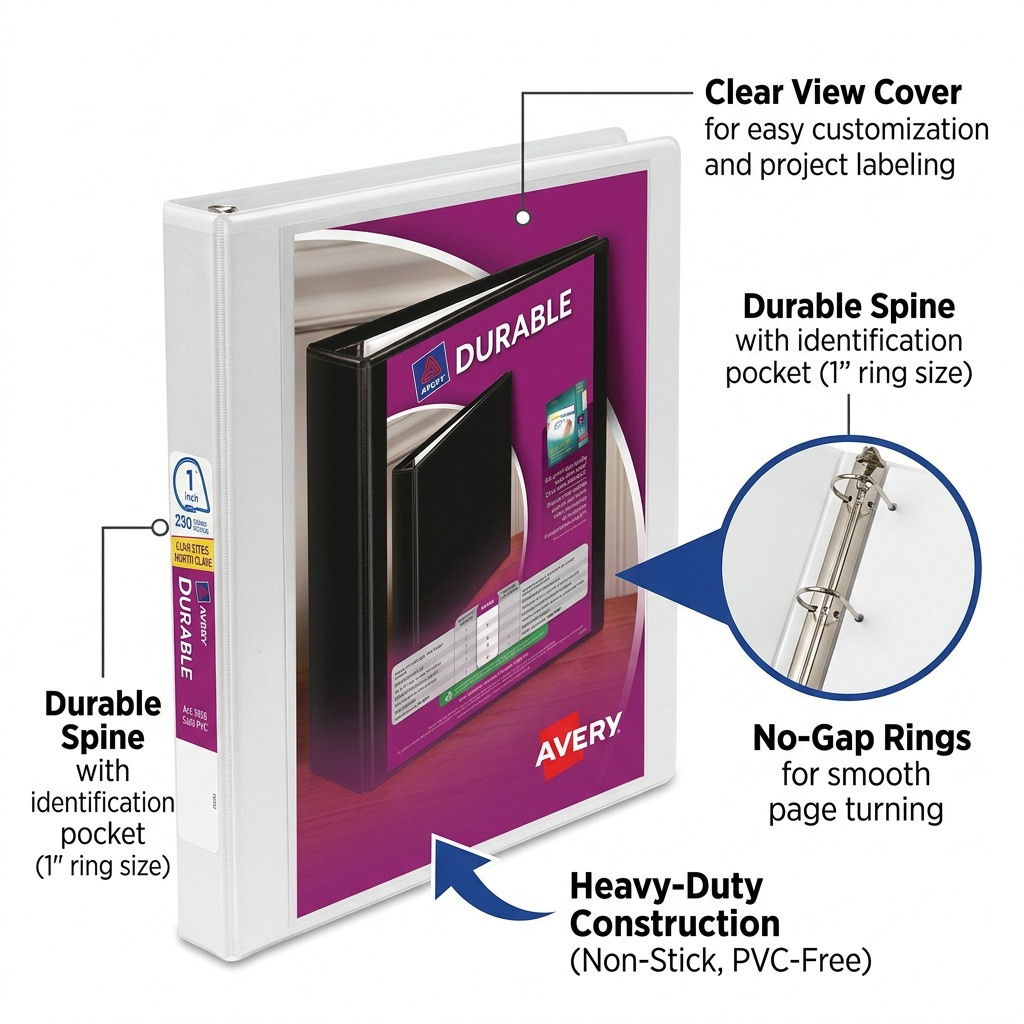 Avery 34002 Durable 1-inch White Binder features callout highlighting No-Gap rings and clear cover.
