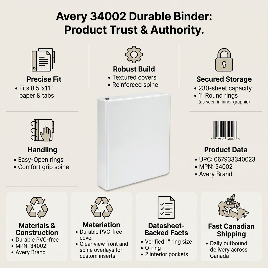Avery 34002 Durable View Binder infographic highlighting 1-inch rings and fast Canadian shipping.