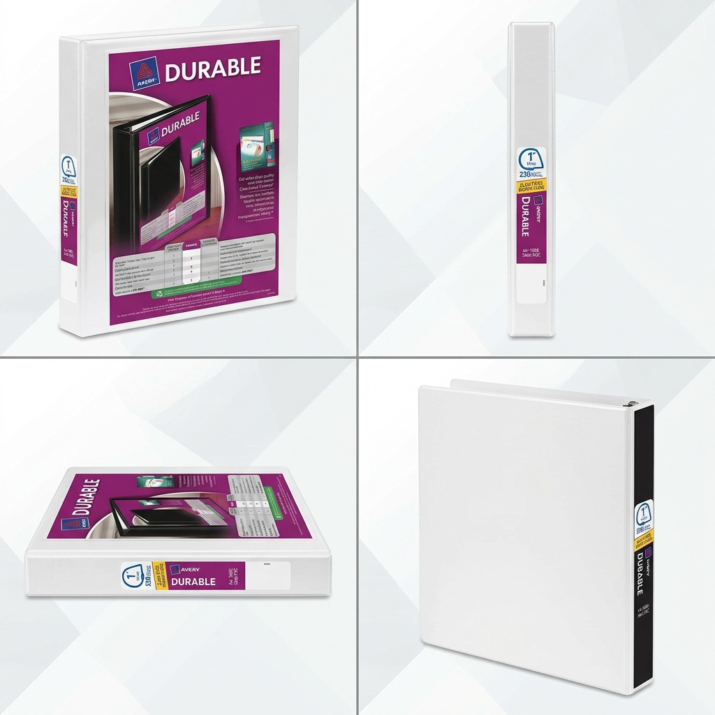 Four-view matrix of the white Avery 34002 1-inch Durable View Binder from multiple angles.