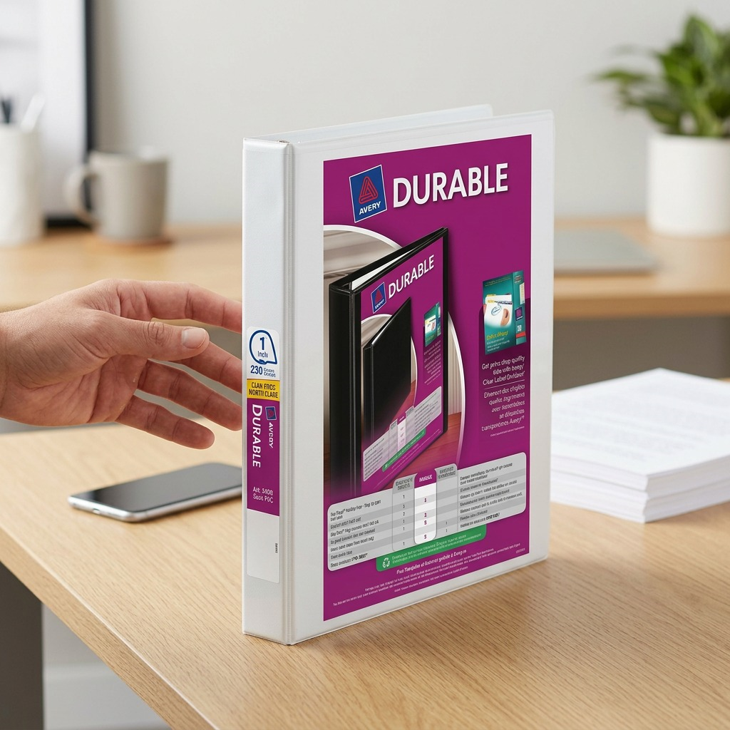 A hand reaches for an Avery 34002 white 1-inch durable view binder standing upright on a desk.