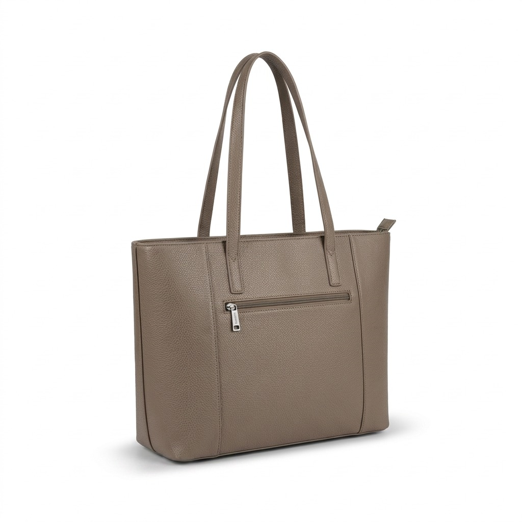 Bugatti taupe vegan leather tote bag with shoulder straps and a front zippered pocket.