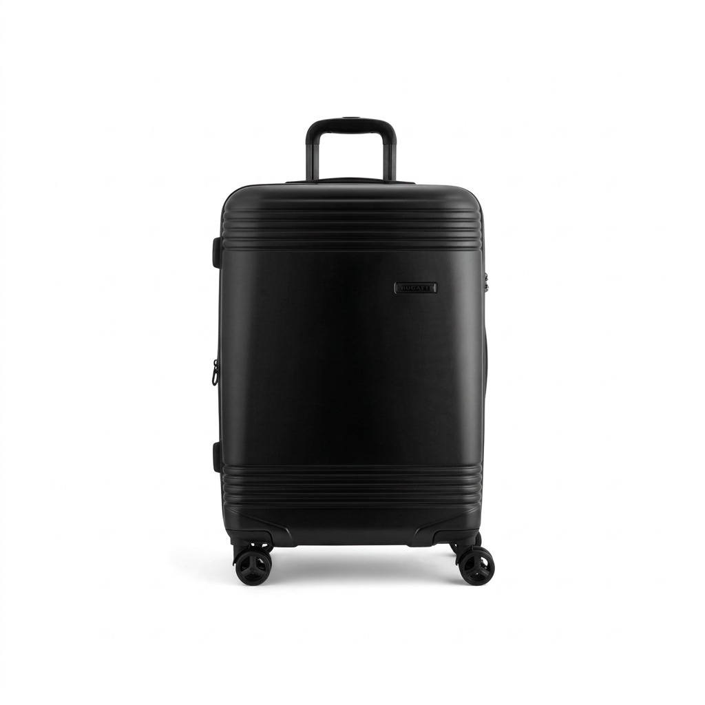 Bugatti Nashville 24-inch black checked luggage with hardshell exterior and spinner wheels.