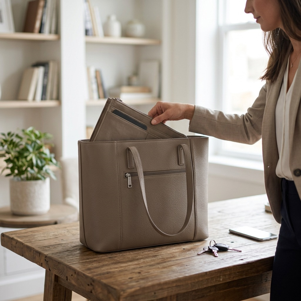 Bugatti taupe vegan leather tote bag with shoulder straps and a front zippered pocket.