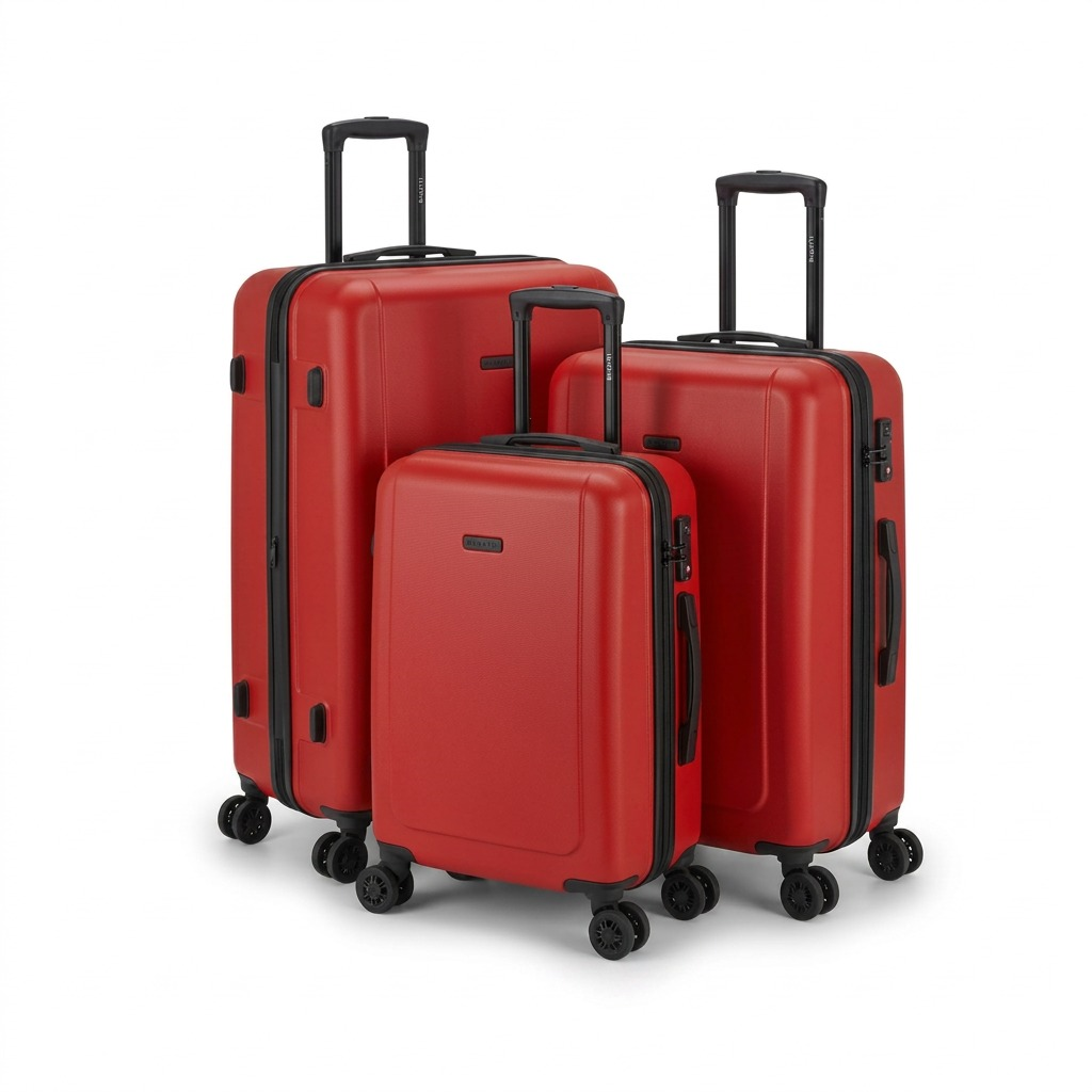 Red Bugatti Nashville 3-piece hardside luggage set with spinner wheels and telescopic handles.